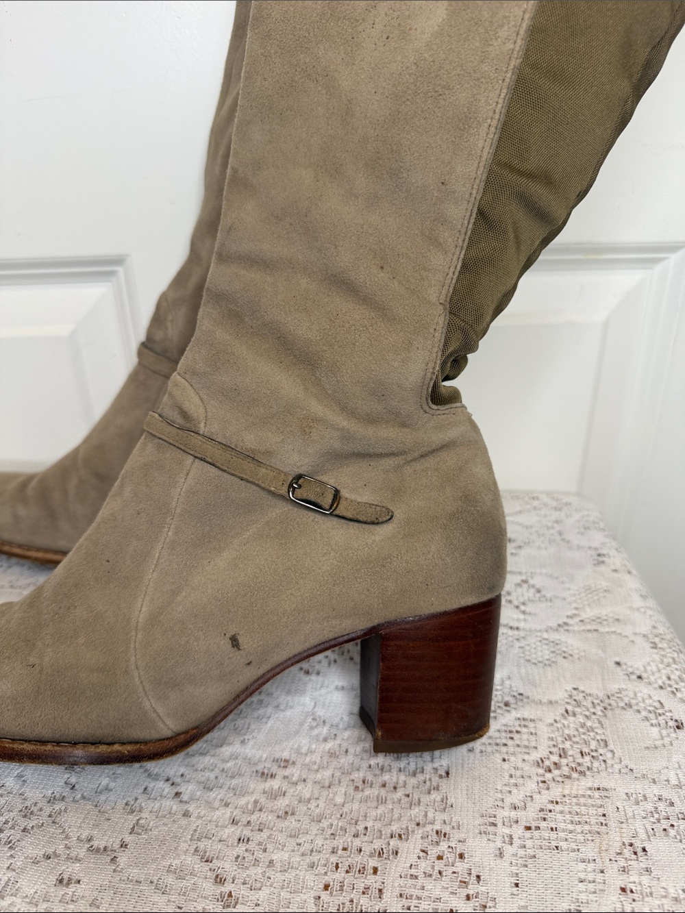 Timberland Knee-High Taupe leather gray tanish Block Heel Boots sz 8.5 - Picture 3 of 7